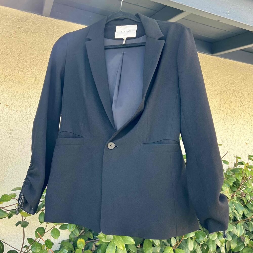 Maje Single-Button Notched Lapel Flap Pockets Blazer Womens Black Size 36 Small